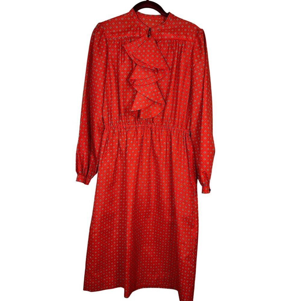 Handmade‎ Retro Floral Dress S Red Ruffle Mod Classic Chic 70s Workwear Boho